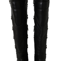 Black Leather Over Knee Biker Boots