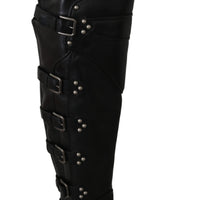 Black Leather Over Knee Biker Boots