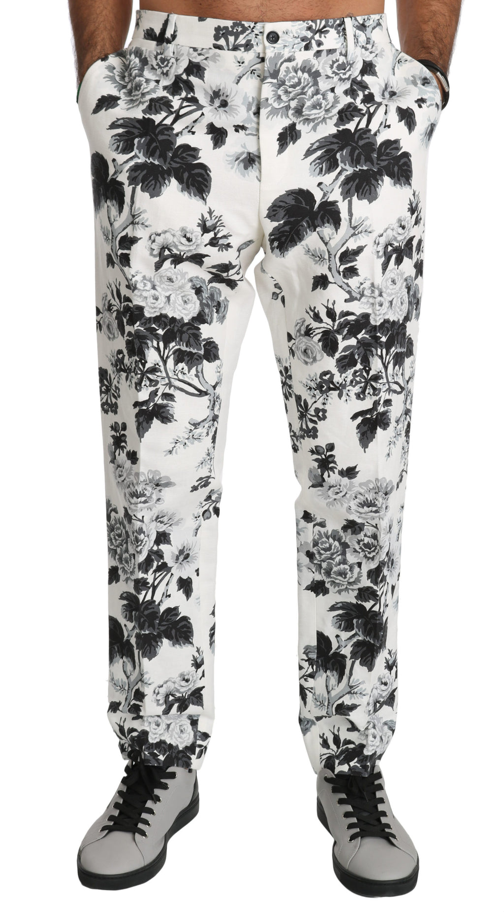 White Floral Slim Casual Trouser Men Pants