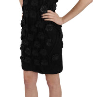 Black Silk Leather Flowers Sheath Dress