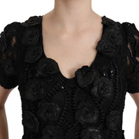 Black Silk Leather Flowers Sheath Dress