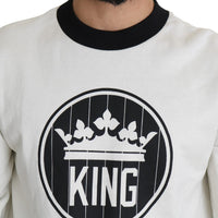 White Crown King Print Cotton Pullover Sweater