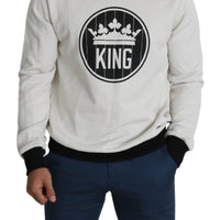 White Crown King Print Cotton Pullover Sweater