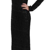 Black Silk Full Length Sequined Gown Dress
