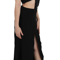 Black Crystal Leather Gown Flare Dress