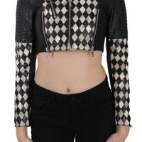 Black White Leather Short Cropped Biker Jacket Coat