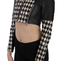 Black White Leather Short Cropped Biker Jacket Coat