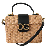 Beige Straw Fiber Black Leather Handbag Borse  Bag