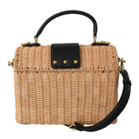 Beige Straw Fiber Black Leather Handbag Borse  Bag