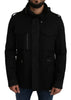 Black Solid Jacquard Coat Hooded Jacket