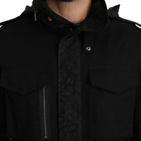 Black Solid Jacquard Coat Hooded Jacket