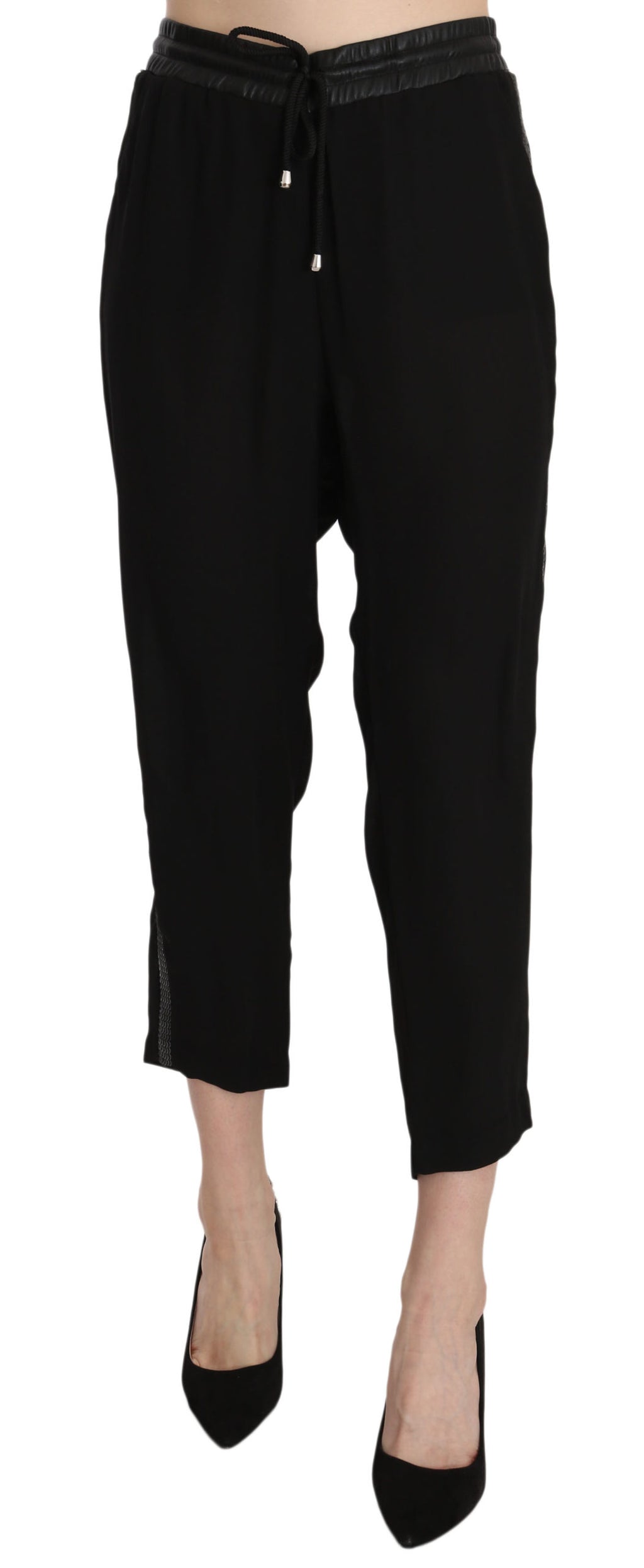 Black Polyester High Waist Cropped Trousers Pants