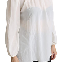 White Silk Pussy Bow Long Sleeved Top Blouse