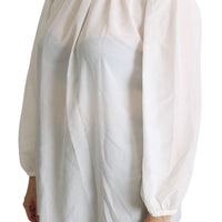 White Silk Pussy Bow Long Sleeved Top Blouse