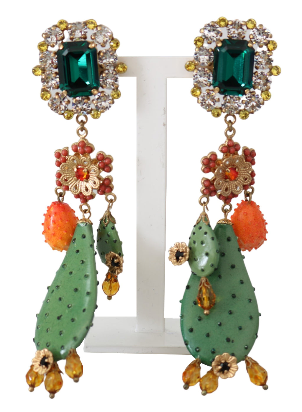 Gold Tone Filigree Cactus Crystal Drop Clip On Earrings