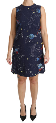 Blue Planets Print Shift Viscose Dress