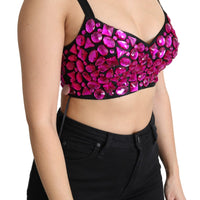 Black Bustier Fuchsia Crystal-Embellished Cropped Top