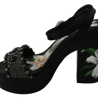 Black Floral Crystals Ankle Strap Sandals Shoes