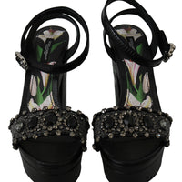 Black Floral Crystals Ankle Strap Sandals Shoes
