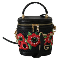 Black Leather Floral Motiv DG Logo Shoulder Borse Bag