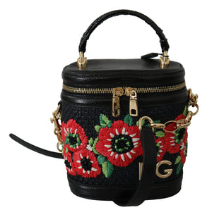 Black Leather Floral Motiv DG Logo Shoulder Borse Bag