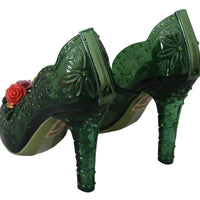 Green Floral Crystals Heels Pumps Shoes