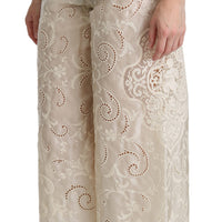 Cream Lace High Waist Palazzo Cropped Pants