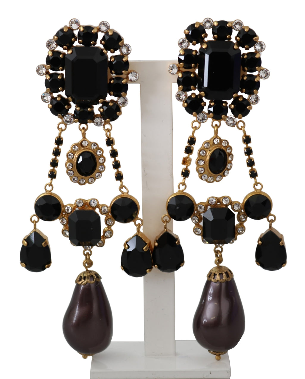 Black Crystals Clip-on Jewelry Eggplant Gold Tone Earrings