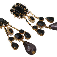 Black Crystals Clip-on Jewelry Eggplant Gold Tone Earrings