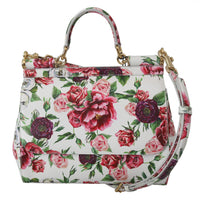 White Leather Peony Print Shoulder Purse SICILY Bag