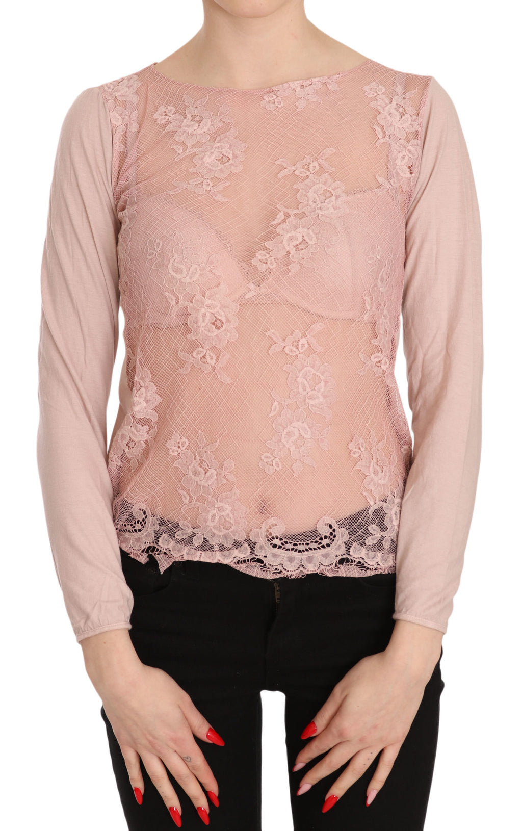 Pink Lace See Through Long Sleeve Top Blouse