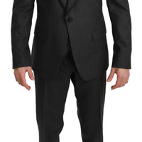 Gray Striped Slim Fit 3 Piece Wool Suit