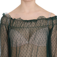 Green Mesh See Through Long Sleeve Top Blouse