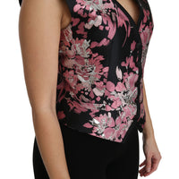 Black Pink Floral Waistcoat Vest Blouse Top