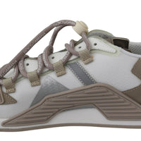 Beige White Leather Logo Print Mens Sneakers