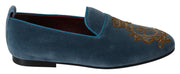 Blue Velvet Gold Crown Flats Loafers Shoes