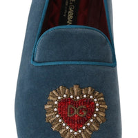 Blue Velvet Flats Heart Loafers Shoes