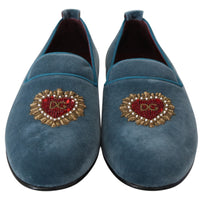 Blue Velvet Flats Heart Loafers Shoes