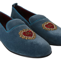 Blue Velvet Flats Heart Loafers Shoes