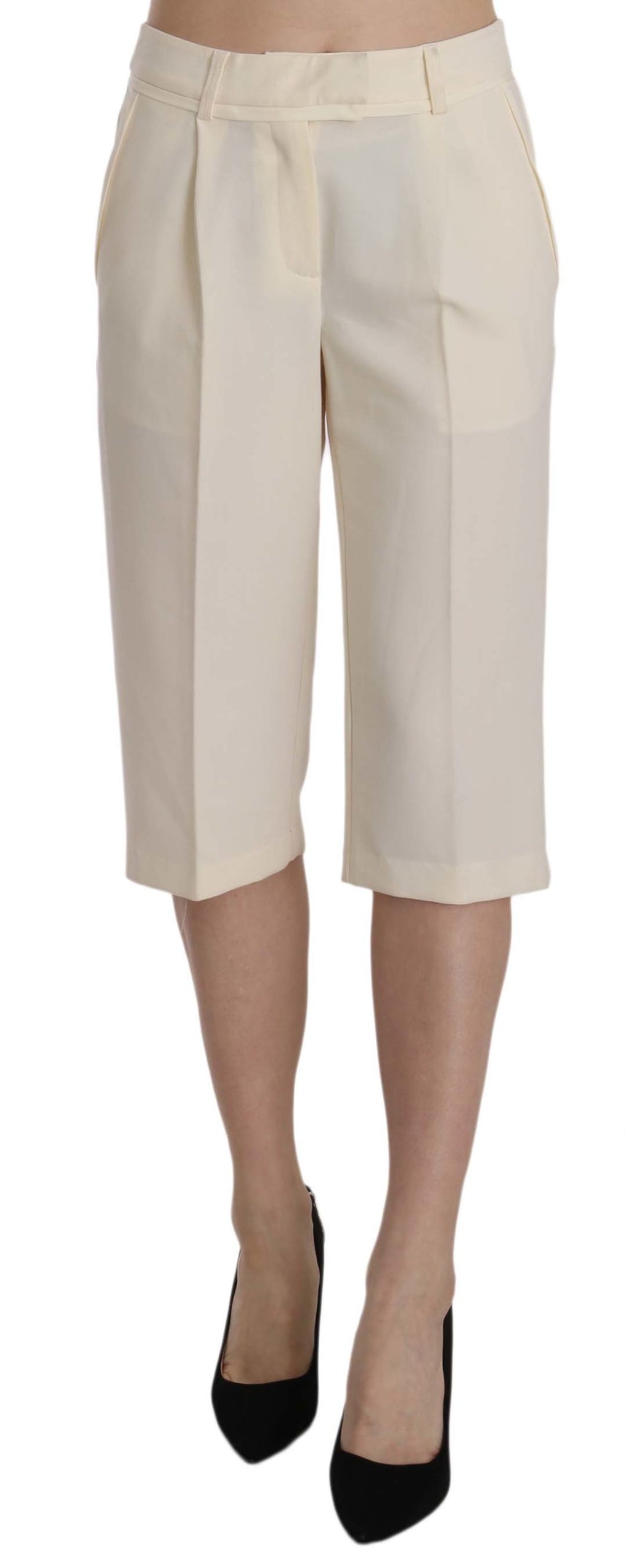 Cream Mid Waist Cotton Straight Cropped Pants