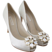 White Crystals Peep Toe Heels Satin Pumps Shoes