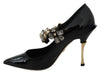 Black Leather Crystal Mary Jane Pumps Shoes