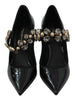 Black Leather Crystal Mary Jane Pumps Shoes