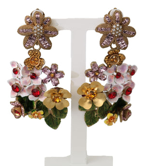 Gold Crystal Floral Filigree Bouquet Dangling Clip-on Earrings