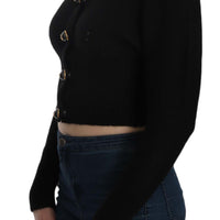 Black Button Embellish Crop Cardigan Sweater