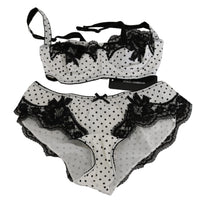 White Black Dot Silk Lace Stretch Set Underwear