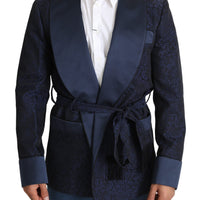 Blue Floral Jacquard Belted Robe Coat Blazer