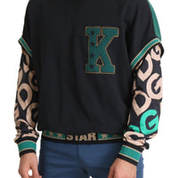 Black Green Large Logo Print Pullover Knit Sweater