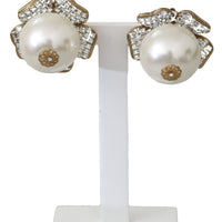 Gold Brass Clear Crystal Pearl Drop Clip-on Earrings