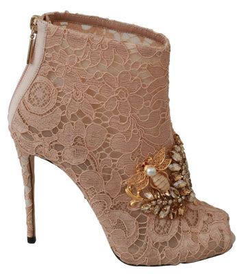 Pink Crystal Lace Booties Stilettos Shoes